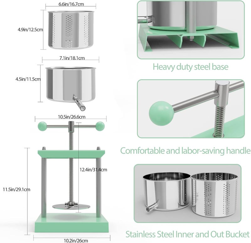 EJWOX Green Cheese Tincture Herb Fruit Wine Manual Press - 0.8 Gal Stainless Steel Press Machine for Juice, Vegetable, Wine, Olive Oil - Image 3